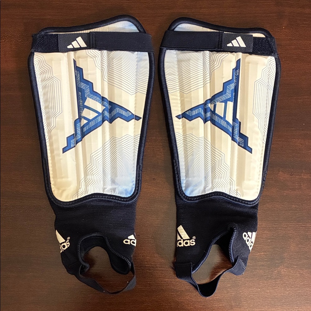 adidas Men’s White and Navy Soccer Shin Guards with Ankle Sleeves